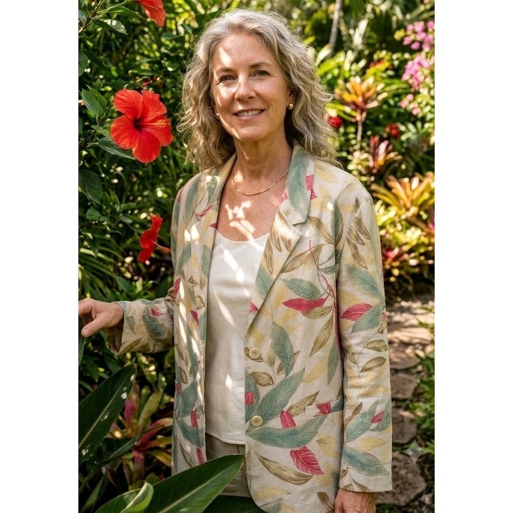 Vtg Linen Blend Blazer Alfred Dunner Sz 18 Tropical Leaf Vacation Summer Resort
